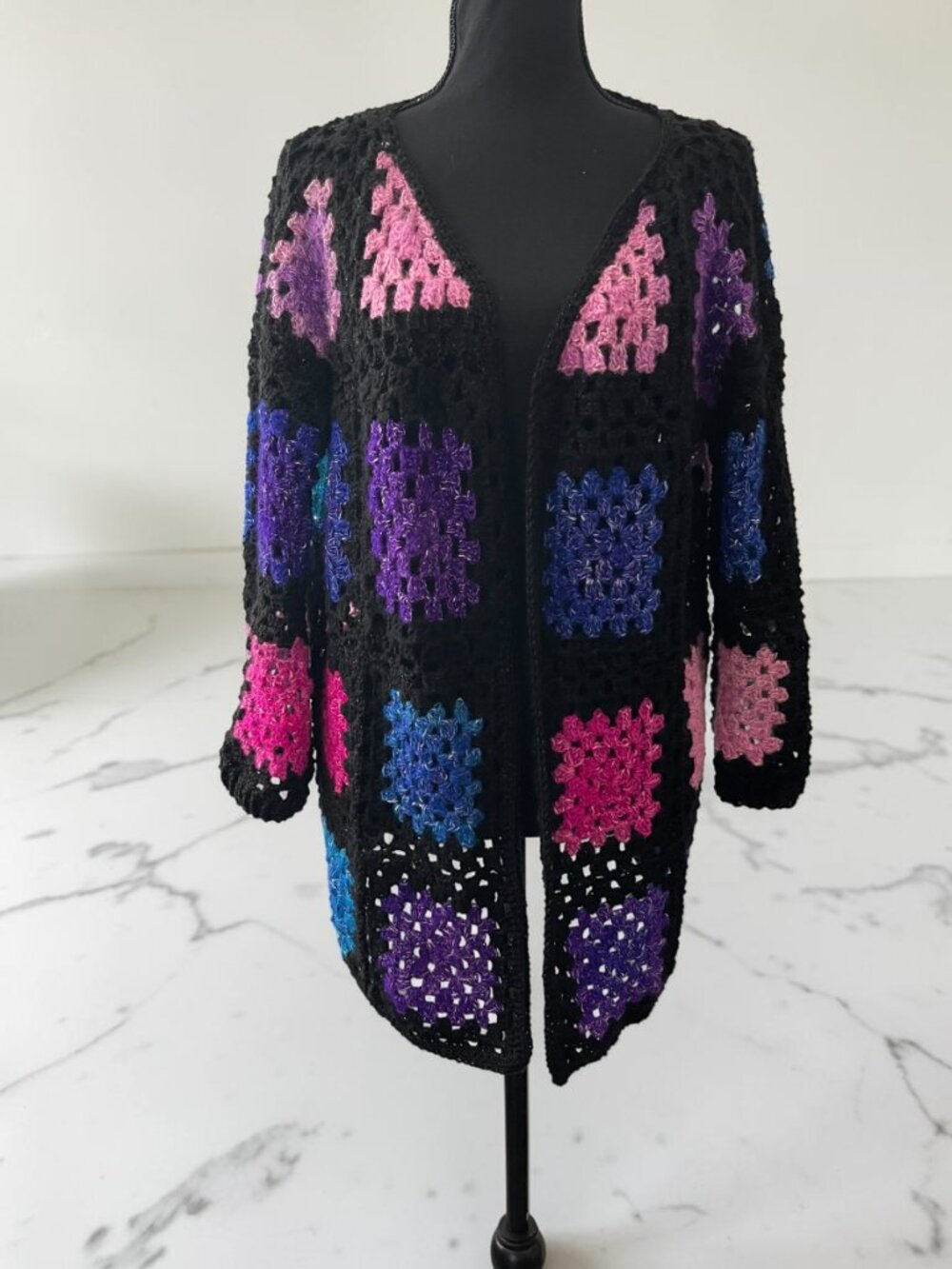 Handmade Crochet Granny Square Cardigan Long Duster Boho Festival Neon Pink - Picture 5 of 5
